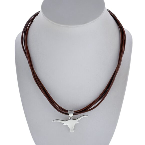 Estate Jewelry - Western Sterling Silver Texas Longhorn Pendant 4 Leather Cord Necklace 16"-18"